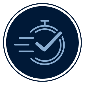 Ein dunkelblauer Kreis. In der Mitte ist ein Stopuhr Symbol. Daruaf ist ein Haken zu sehen und durch den linken Rand der Stopuhr gehen 3 waagerechte Striche.